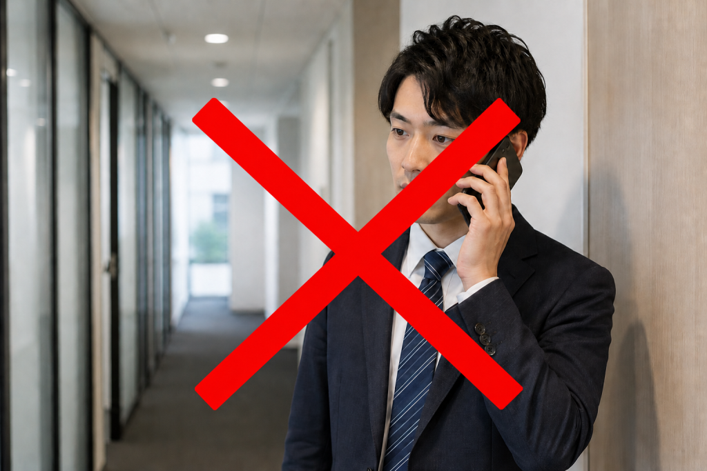 オフィスで電話/男性/スーツ/バツ