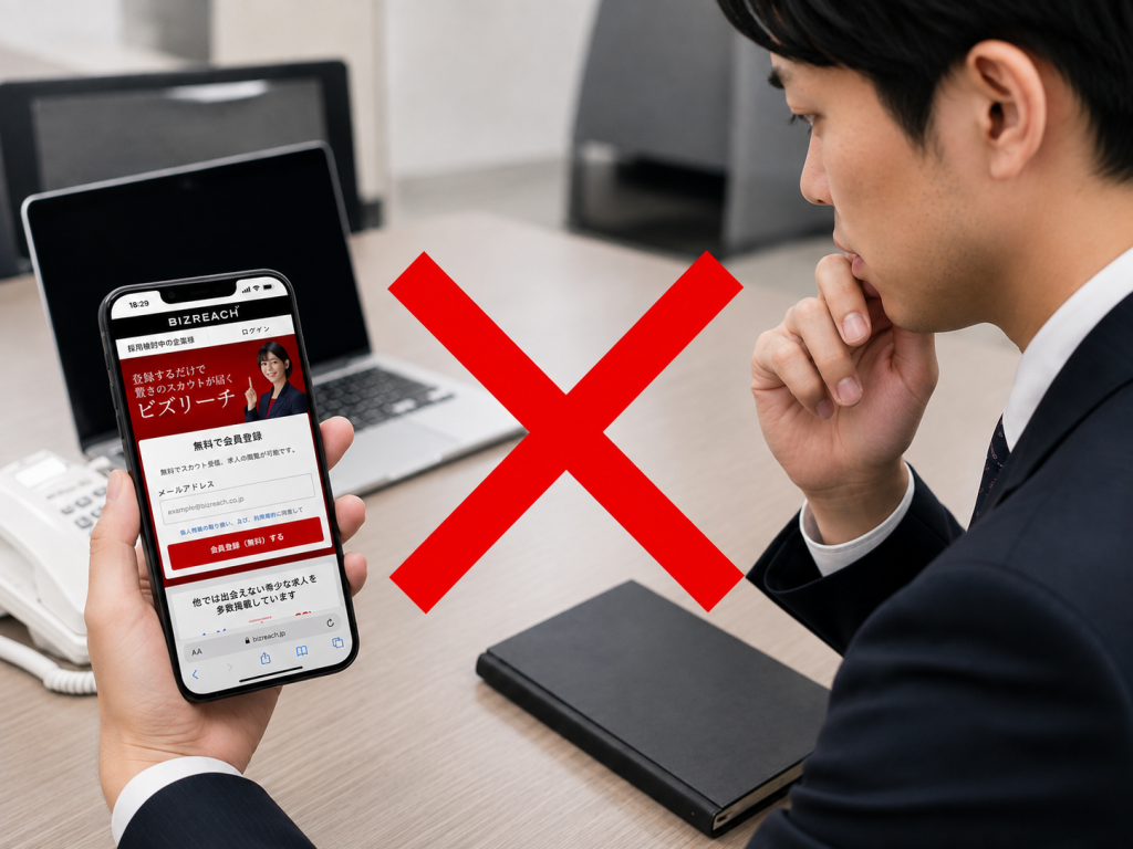 会社でビズリーチを見ている男性